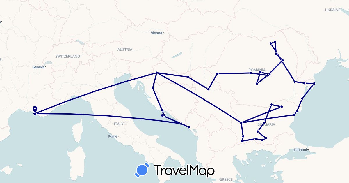 TravelMap itinerary: driving in Bulgaria, France, Croatia, Montenegro, Romania, Serbia (Europe)